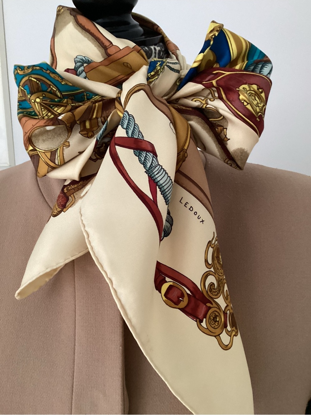 Hermes Blue & Gold Silk Scarf with Nautical Print